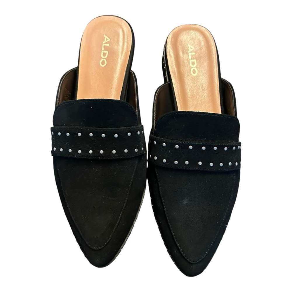 Aldo Stud Keeper Mules Womens Size 6 Slip on Slide Loafer Black Suede Flat - Picture 2 of 9